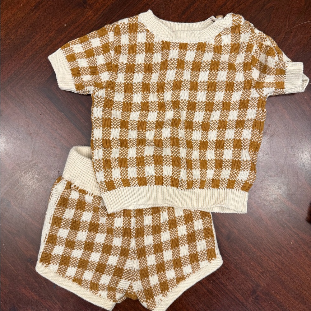 Bebe Organic Baby Knit Set 12-18M Gingham Top & Shorts Cream Mustard Outfit